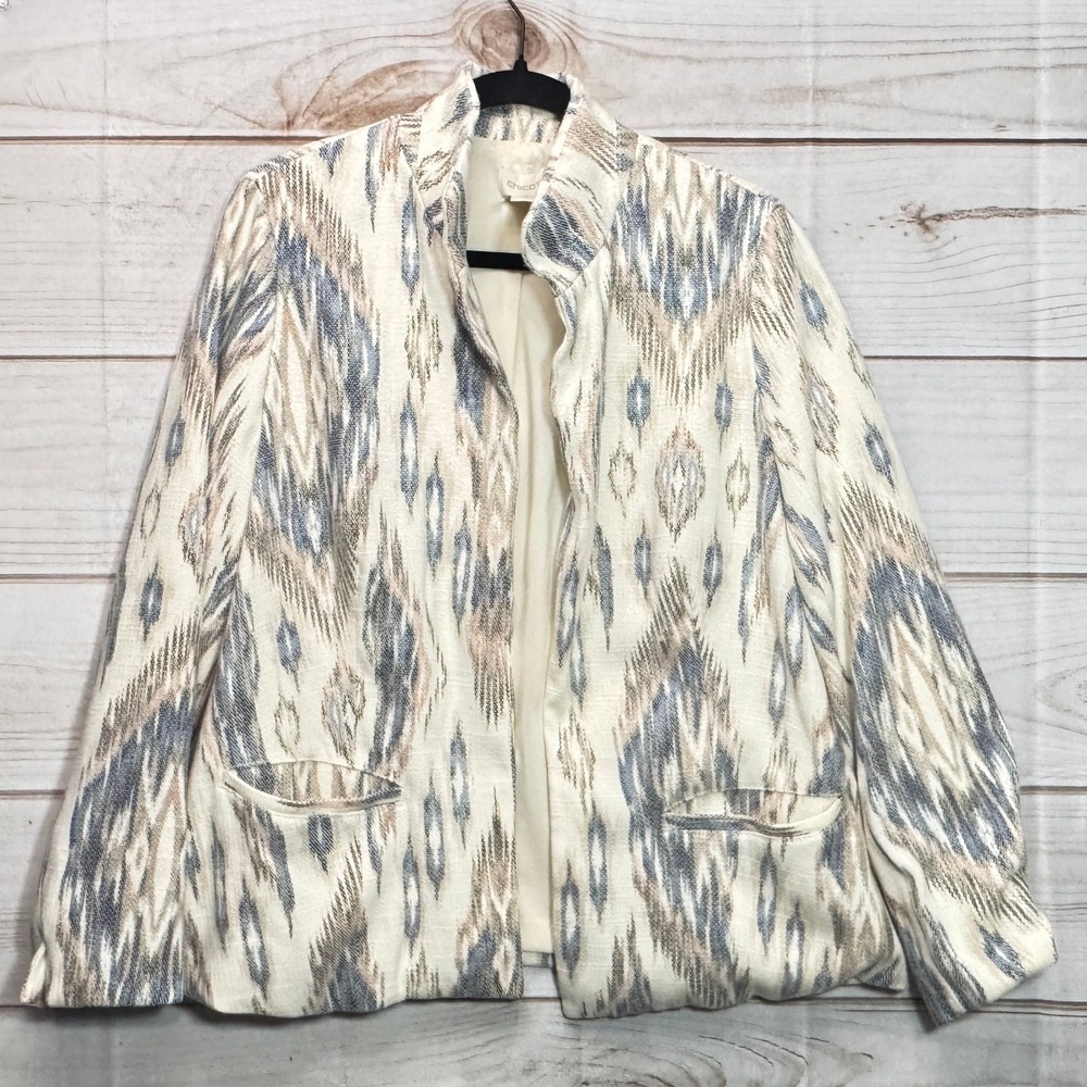 Chicos Ikat‎ Tapestry Blazer Jacket Blue Tan Cream Open Front Size 3 (XL)